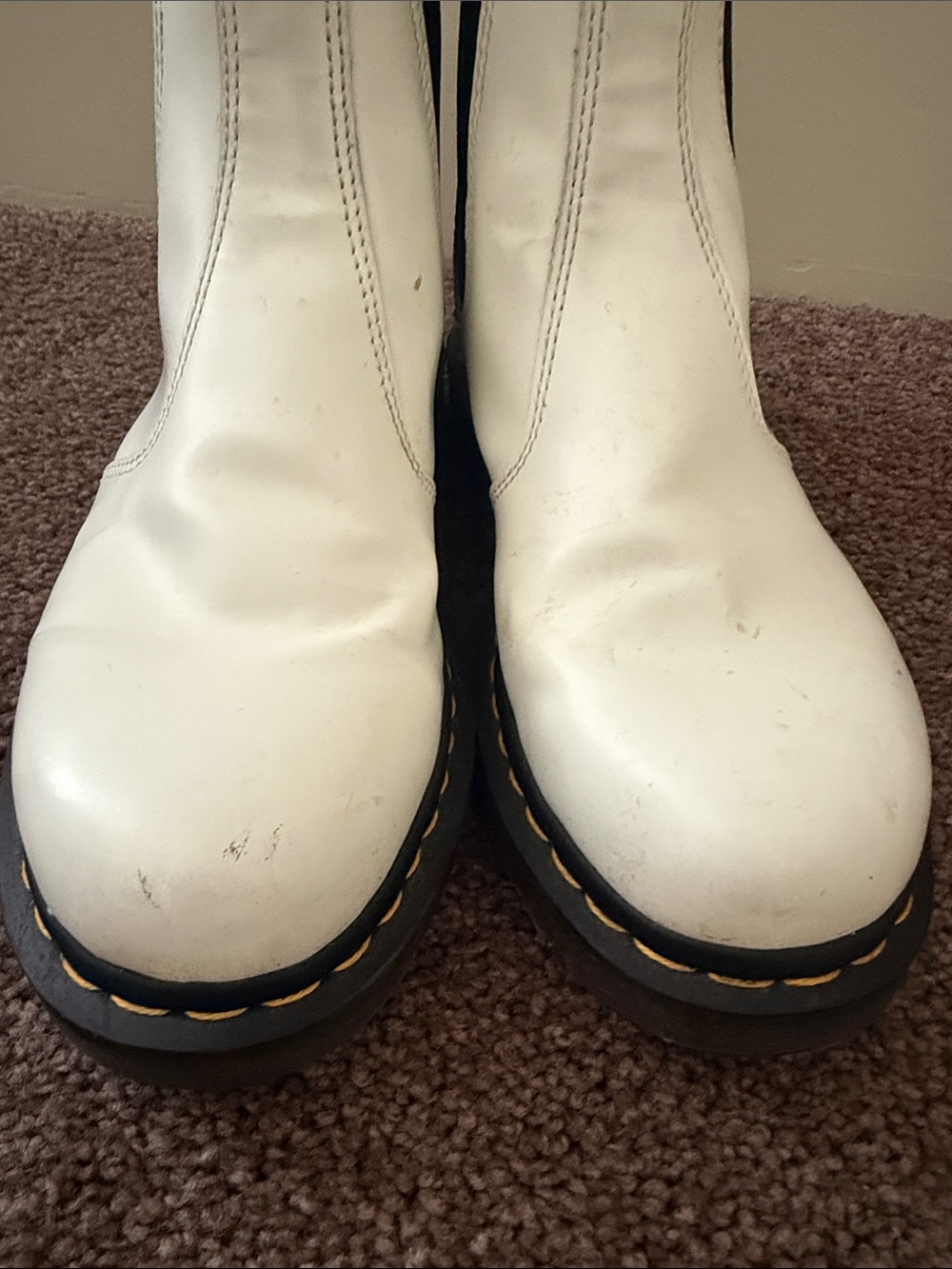 Doc Marten’s  White Leather Platform Boots with Yellow Welt Stitching